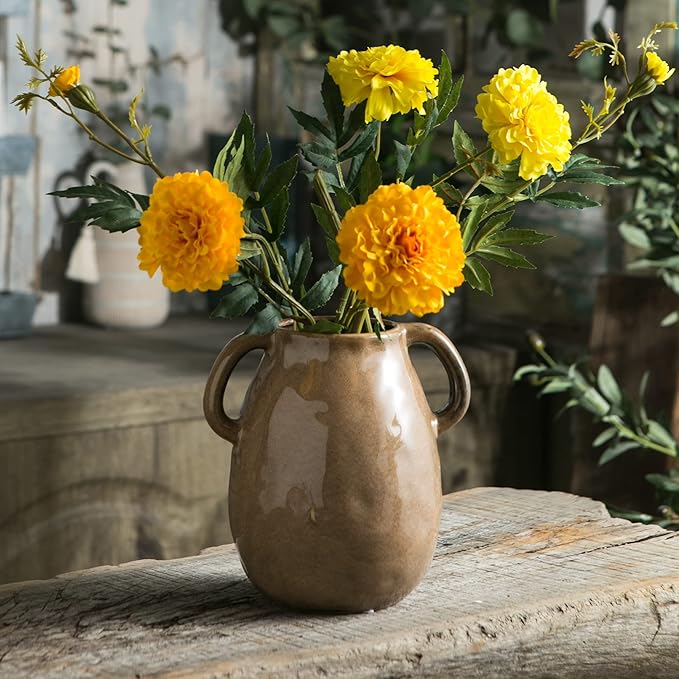 Brown Ceramic Vase with 2 Handles, Modern Farmhouse Decor, Rustic Terracotta Pottery, Decorative Flower Vases, Clay Small Vase, Centerpiece for Dining Table - 7 Inch Tall-VerdiqueGarden