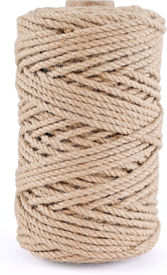 Natural Jute Twine 328ft 4mm,3Ply Twisted Thick Twine Rope Strong Jute String Roll for Crafts Gift Wrapping Gardening Home Decor Bundling Cat Scratching Post-VerdiqueGarden