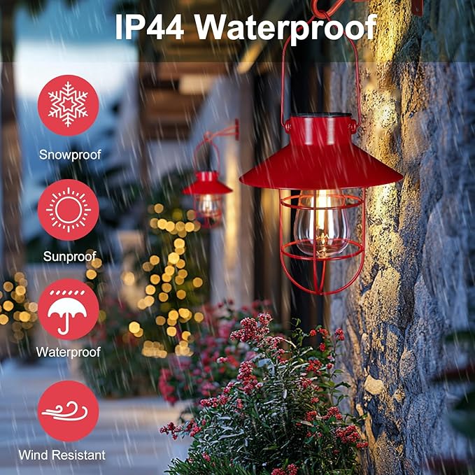pearlstar Solar Lanterns Outdoor Christmas Metal Solar Powered Hanging Lights Waterproof for Wall Barn Yard Garden Patio Garage Balcony Porch Fence Decor, Warm White Edison Bulb (Red-2pack)-VerdiqueGarden