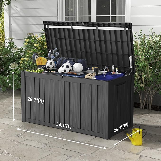 Mars Villa 150 Gallon Outdoor Storage Box Waterproof, Large Resin Deck Box for Outdoor Patio Furniture Cushions, Pool Supplies, Garden Tools, with Hydraulic Hinge, UV-Resistant and Weatherproof, Black-VerdiqueGarden