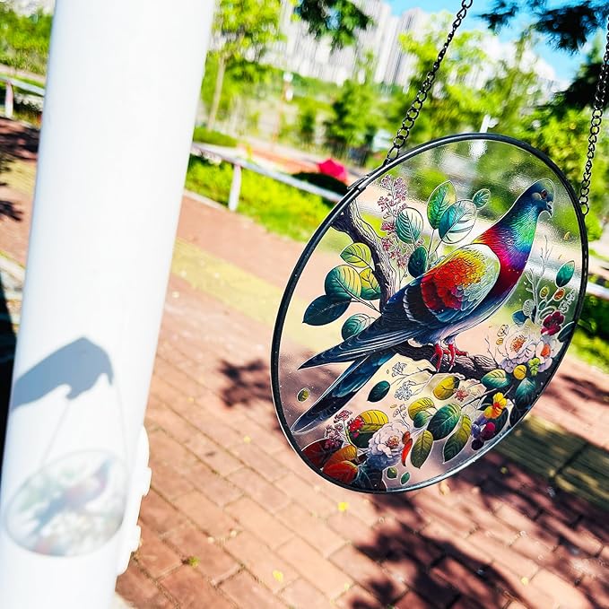 RIVEENY Stained Glass Window Hangings,8" Suncatcher Stained Glass Window Panels,Stained Panel Hangings Gift Women Girls Thanksgiving Birthday Gifts for Mom Grandma (Pigeon)-VerdiqueGarden