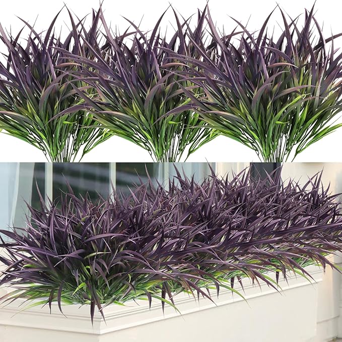 Ouddy Decor 16 Bundles Artificial Plants Outdoor Fake Grass Greenery Stems UV Resistant Faux Plastic Shrubs for Autumn Garden Pathway Front Porch Home Harvest Thanksgiving Halloween Decor, Purple-VerdiqueGarden