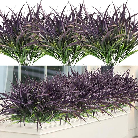 Ouddy Decor 16 Bundles Artificial Plants Outdoor Fake Grass Greenery Stems UV Resistant Faux Plastic Shrubs for Autumn Garden Pathway Front Porch Home Harvest Thanksgiving Halloween Decor, Purple-VerdiqueGarden