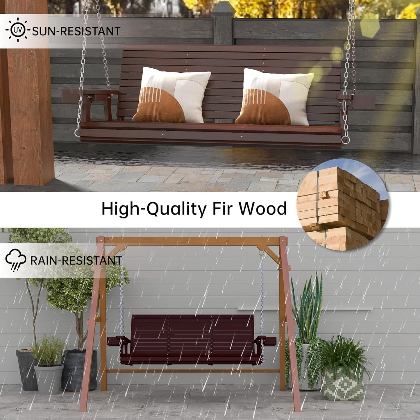 Wooden Outdoor Porch Swing, 3 Seater Front Porch Swing with Upgraded 22" Deep Seat, Heavy Duty 880 Lbs Swing Bench Chair for for Patio, Backyard, Garden (Brown, 5 Foot)-VerdiqueGarden