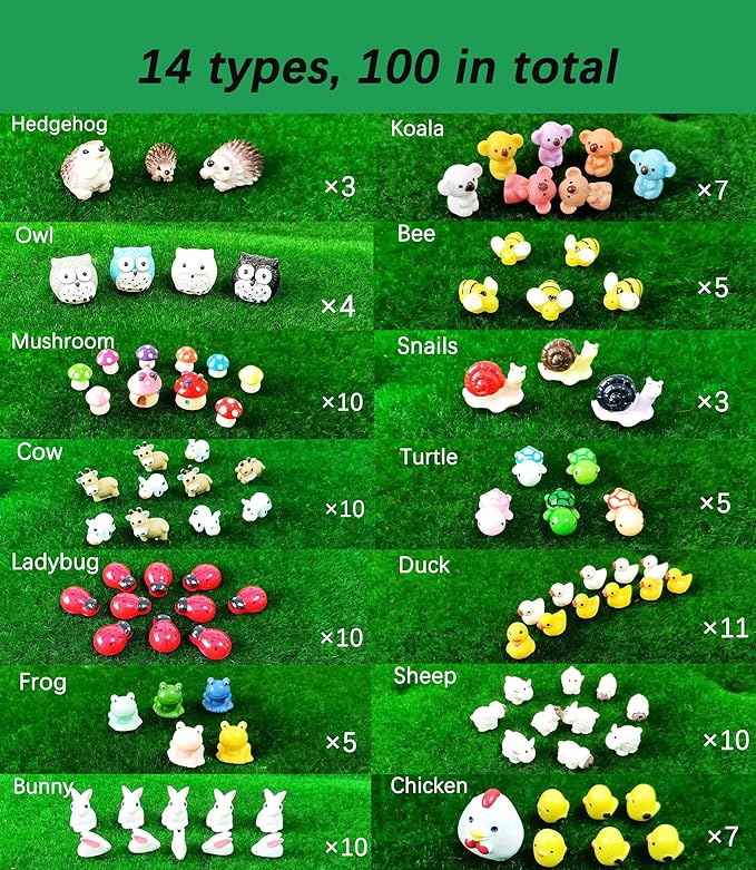 100 Pcs Mini Resin Animals Figures, Mixed Tiny Plastic Animals Figurines to Hide Miniature Fairy Garden Decorations Accessories-VerdiqueGarden