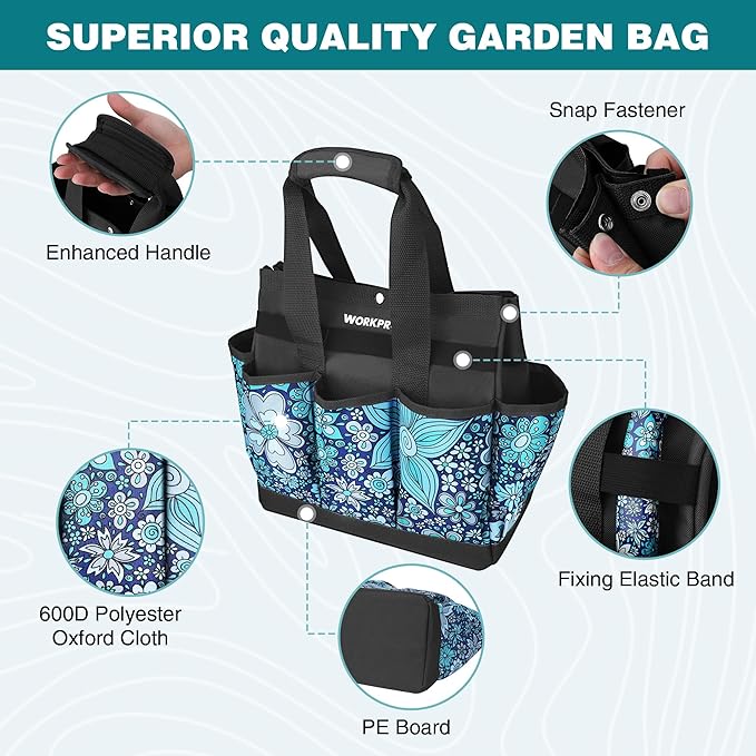 WORKPRO Garden Tool Bag, 9 Pockets Gardening Bag, Heavy Duty Oxford Garden Tote Caddy (Tools NOT Included), 12" x 12" x 6" (Floral Blue)-VerdiqueGarden
