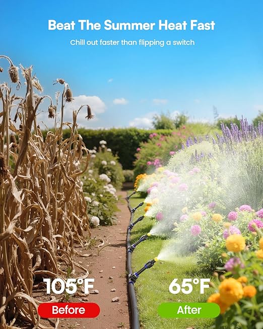 RAINPOINT Misters for Outside Patio - Upgraded 26FT(8M) Misting System Kit with Water Filter for Cooling Outdoor, 26FT Misting Line + 7 Mist Nozzles for Backyard Garden Porch Deck Greenhouse-VerdiqueGarden