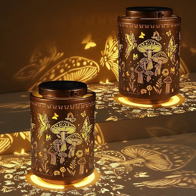 2 Pack Solar Lanterns Outdoor Waterproof Butterfly Garden Decor Gifts for Women Mon Grandma Metal Hanging Solar Lights Decoration for Outside LED Lanterns for Yard Patio Lawn(Mushroom)-VerdiqueGarden