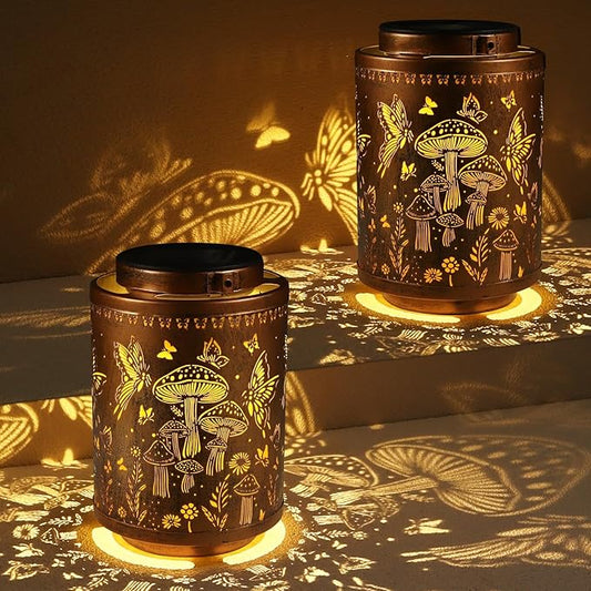 2 Pack Solar Lanterns Outdoor Waterproof Butterfly Garden Decor Gifts for Women Mon Grandma Metal Hanging Solar Lights Decoration for Outside LED Lanterns for Yard Patio Lawn(Mushroom)-VerdiqueGarden
