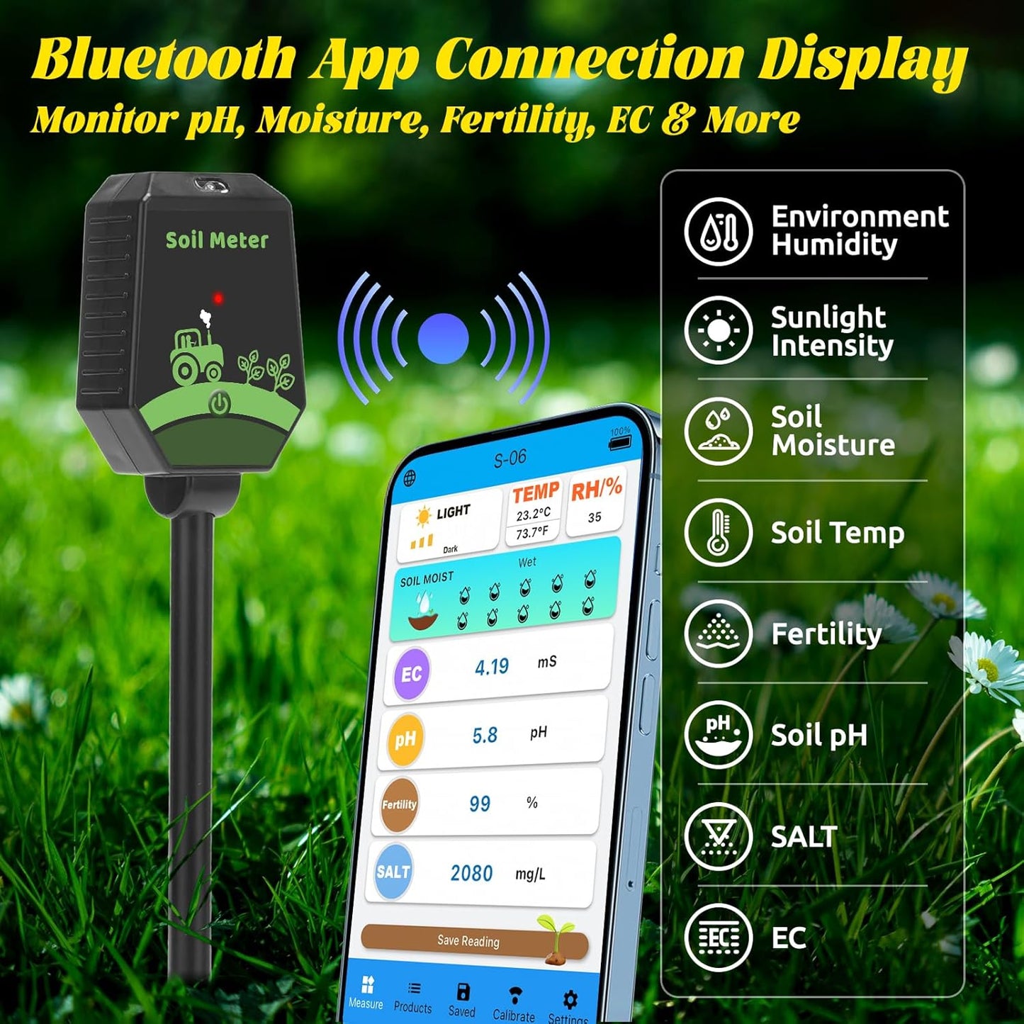 Smart Soil pH Tester Digital Soil Moisture Tester 8 in 1- pH, EC, Moisture, Fertility, Salinity, Sunlight, Humidity, Temperature Monitor Soil Test Kit for Garden, Lawn, Hydroponics-VerdiqueGarden