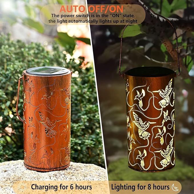 2 Pack Solar Lanterns Outdoor Hanging Hummingbird Decor Lantern,Waterproof Hollow Out Metal Decorative Garden Light,Graceful Decoration for Patio,Yard,Landscape,Festival-VerdiqueGarden