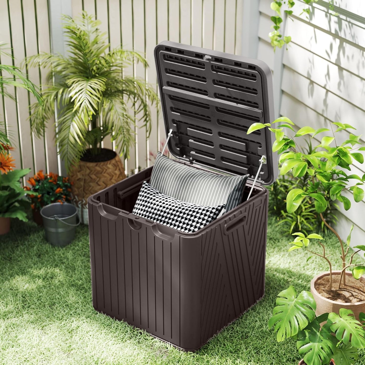 Kingdura 60 Gallon Outdoor Storage Box, Waterproof Resin Deck Box for Indoor and Outdoor Use, Lockable Storage Container for Patio Furniture Cushions Garden Tools (Coffee, 60 Gallon)-VerdiqueGarden