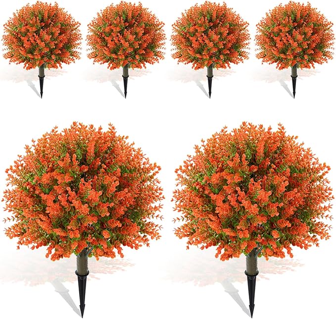 Yunlly 6 Pcs 18 Inch Fall Artificial Boxwood Ball Topiary Tree Outdoor Plants Bush, UV Resistance Faux Shrub with Spike Fall Porch Decor for Indoor Garden Yard Porch Patio Decor (Orange)-VerdiqueGarden