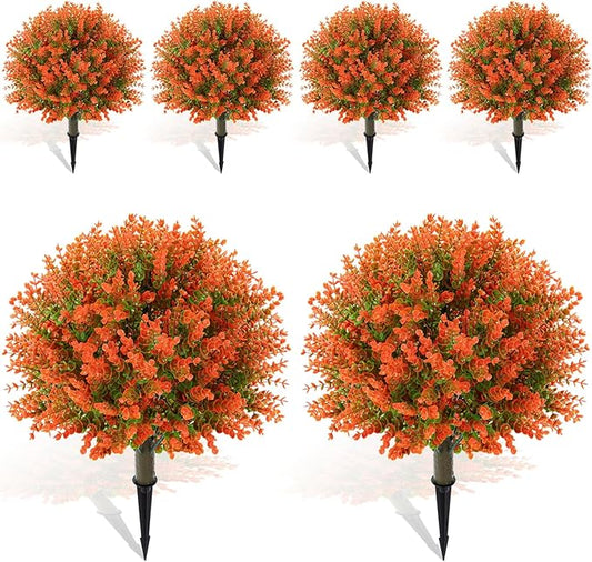 Yunlly 6 Pcs 18 Inch Fall Artificial Boxwood Ball Topiary Tree Outdoor Plants Bush, UV Resistance Faux Shrub with Spike Fall Porch Decor for Indoor Garden Yard Porch Patio Decor (Orange)-VerdiqueGarden