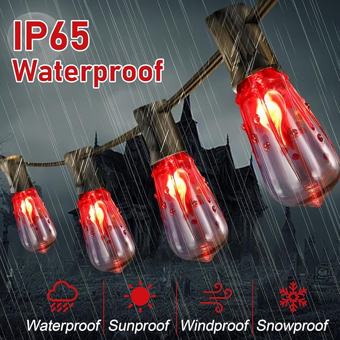 10FT Halloween String Lights Outdoor with 11 ST40 Flame Bulbs (1 Spare), Plug in Halloween Flaming Blood Drop Light Strings UL Listed for Patio, Backyard, Halloween, Party Decoration, E17 Base-VerdiqueGarden
