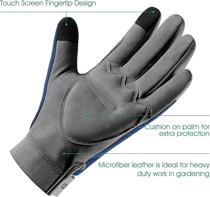 COOLJOB Thorn Proof Garden Gloves with Touchscreen Fingers for Men, Rose Pruning Work Gloves with Palm Cushion for Gardener, Farmer and Landscaper (Navy 1 Pair Large)-VerdiqueGarden