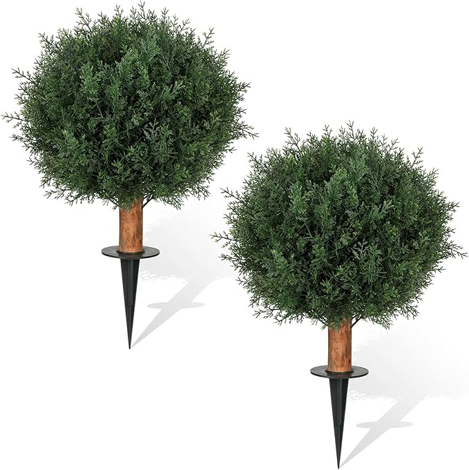 Artificial Cedar Topiary Ball Trees with Ground Spike Set of 2, 24.6 inch UV-Resistant Faux Shrubs for Indoor/Outdoor Decor – Fake Cypress Perfect for Garden, Porch, and Patio-VerdiqueGarden