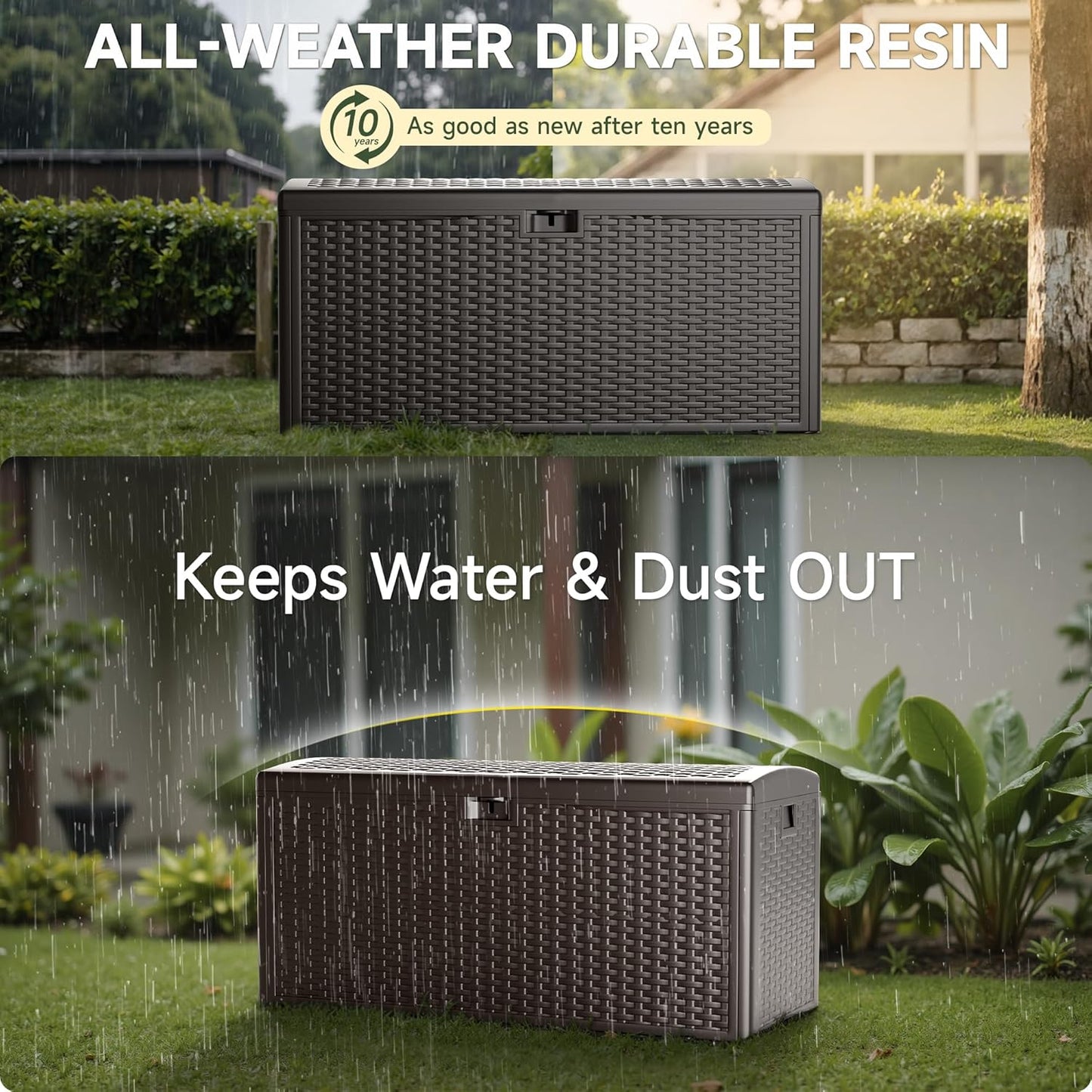 150 Gallon Deck Box, Double Layer Waterproof Resin Outdoor Indoor Storage Box, Lockable & UV Resistant Storage Bin for Patio Furniture, Garden Tools, Pool Accessories (Brown)-VerdiqueGarden