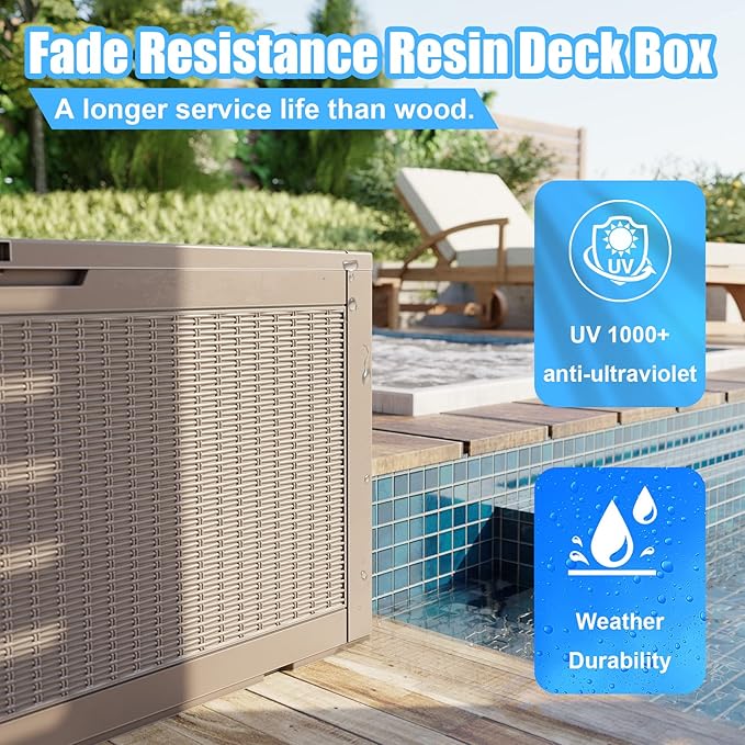 DRATO 260 Gallon Deck Box, Outdoor Large Waterproof Resin Storage Box with Lockable Lid for Patio Cushions, Gardening Tools, Sports Equipment, Light Brown-VerdiqueGarden