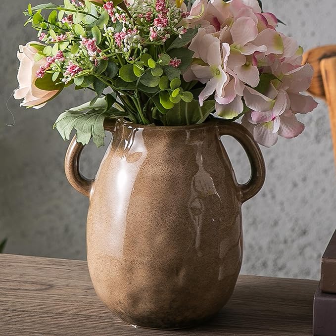 Kimdio Brown Ceramic Vase with 2 Handles, Modern Farmhouse Vase for Home Decor, Vintage Rustic Pottery Vase, Decorative Terracotta Vase, Clay Jug for Living Room Dining Table Shelf-VerdiqueGarden