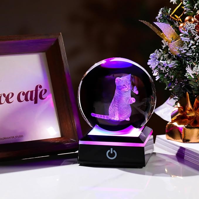 3D Cat Crystal Ball Cat Lover Gifts for Women 3D Cat Figurines Home Decor Cat Collectibles Snow Globes Gift for Girl Cat Lamp for Bedroom Unique Cat Gifts for Her-VerdiqueGarden