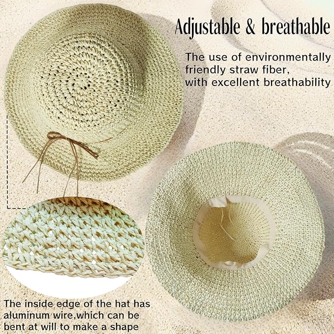 Womens Straw Beach Sun Hats, Foldable Packable Floppy Handmade Crochet Hats for Women,Large Summer Vacation Wide Brim Hat-VerdiqueGarden