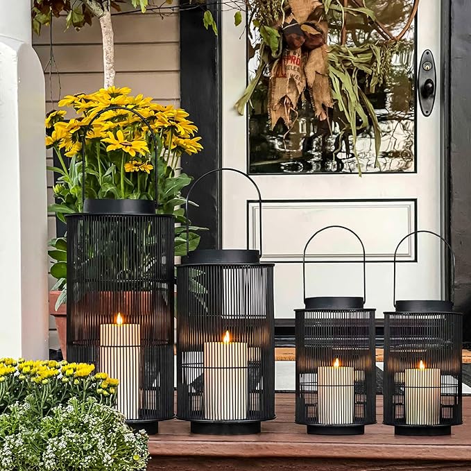 LampLust Outdoor Lantern Decorative Outdoor Patio Decor, Set of 2, 8 Inch Candle Lanterns, Black Metal, Outdoor Lanterns for Patio Waterproof, Battery Included, Modern Farmhouse Front Porch Décor-VerdiqueGarden