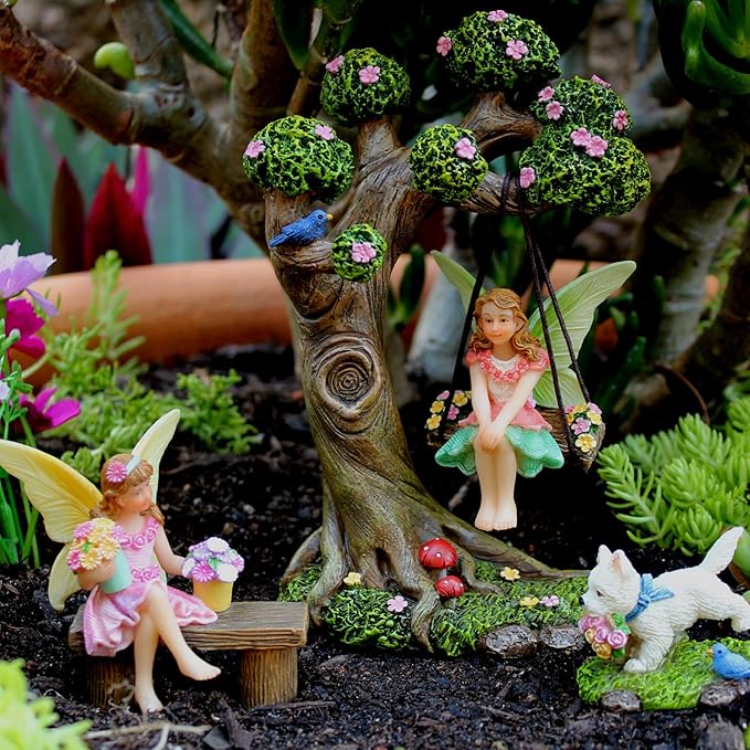 Fairy Garden Accessories Outdoor - Fairy Garden Kit with Fairies for Fairy Garden - Miniatures for an Outdoor Garden, a Fairy Tree Swing, Figurines & Puppy-VerdiqueGarden