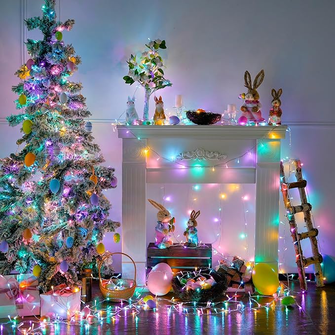 JMEXSUSS 33ft 100 LED Easter Lights for Indoor Outdoor Use, 8 Modes Connectable Easter String Lights Plug-in, Clear Wire Colorful Christmas String Lights Outdoor Waterproof-VerdiqueGarden