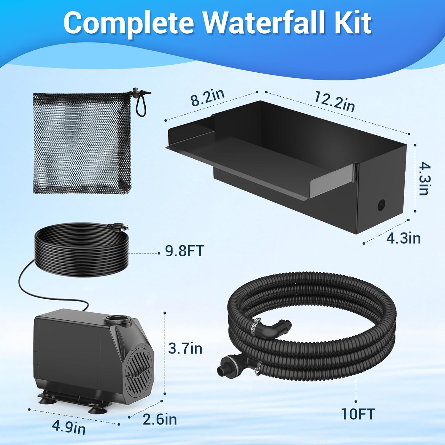 NFESOLAR Pond Waterfall Spillway Kit for Outdoor Pond up to 2000 Gallons, Includes 12.2" W Stainless Steel Pond Waterfall Box, 660GPH Ultra-Quiet Water Pump, 10FT Corrugated Tubing N4311-VerdiqueGarden