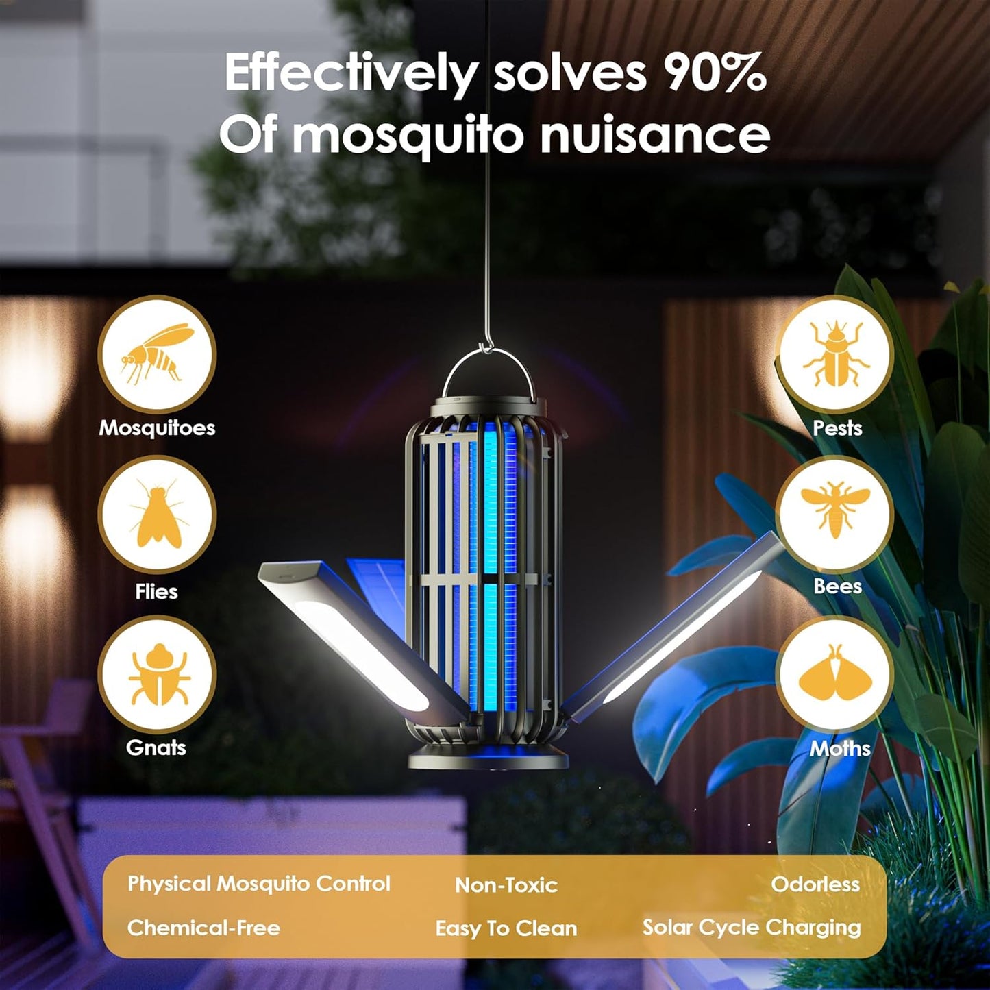 Bug Zapper, Solar Bug Zapper with 3 Solar Charging Panels, IP65 Waterproof Mosquito Zapper, 4200V Mosquito Zapper with LED Light, Outdoor Indoor AUTO ON/Off-VerdiqueGarden