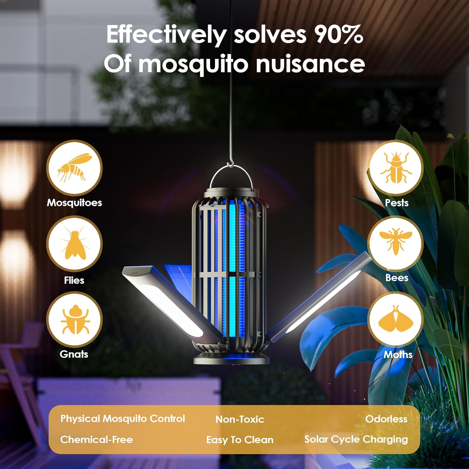 Bug Zapper, Solar Bug Zapper with 3 Solar Charging Panels, IP65 Waterproof Mosquito Zapper, 4200V Mosquito Zapper with LED Light, Outdoor Indoor AUTO ON/Off-VerdiqueGarden