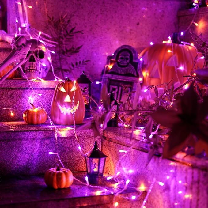 JMEXSUSS 33 FT 100 LED Halloween String Lights Indoor, Orange and Purple Halloween Lights Clear Wire, 8 Modes Outdoor Waterproof Christmas String Light Plug in-VerdiqueGarden