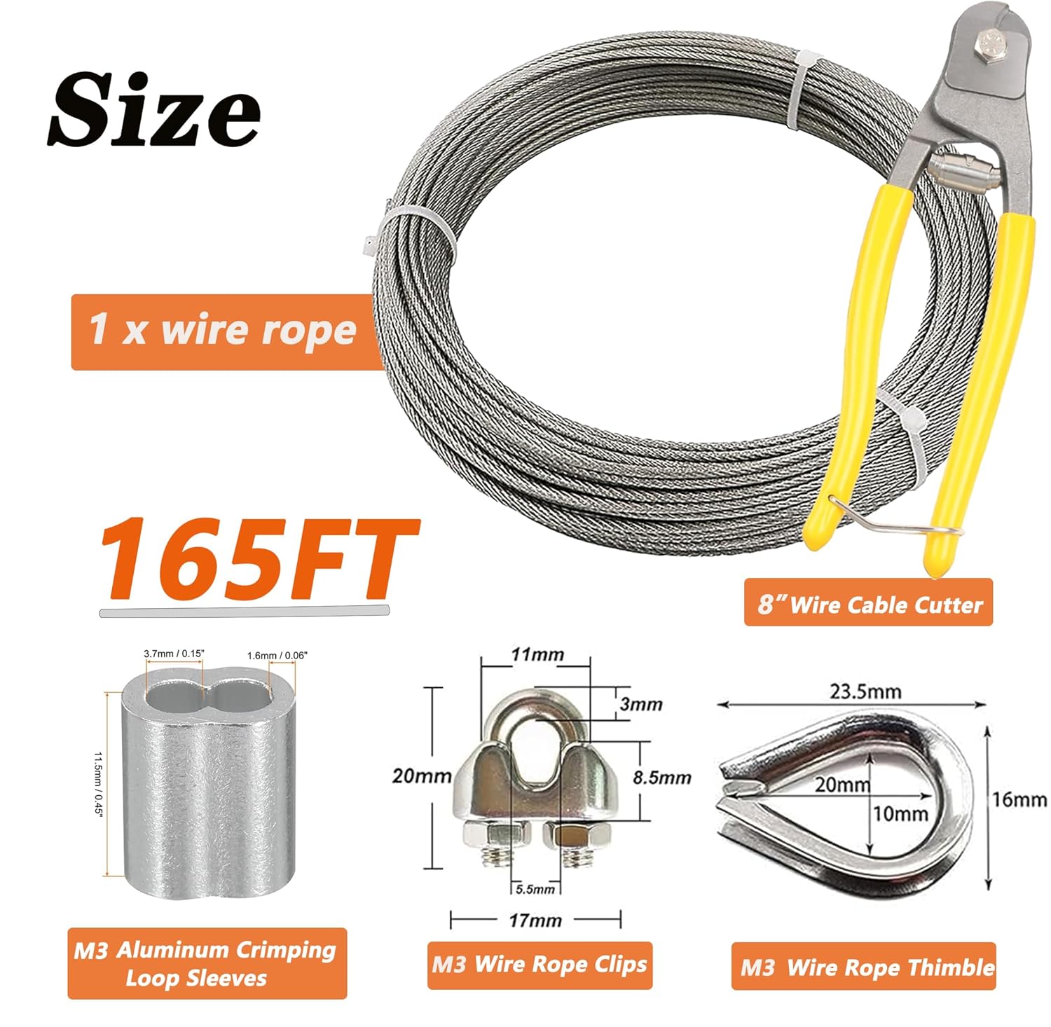 1/8 Inch Stainless Steel Wire Rope Kit, 7x7 Strands, 165 ft Length, With Cable Cutters, Sleeves, Thimbles, Clips, For Climbing Plants, Deck Railing, Fencing, Outdoor Hanging-VerdiqueGarden