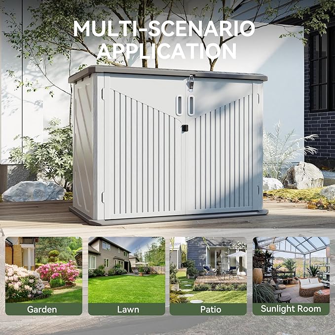 Aoxun 35 Cu.Ft Outdoor Storage Shed, Waterproof Horizontal Resin Cabinet for Trash Cans, Lawn Mowers, Generators, and Garden Tools, White-VerdiqueGarden
