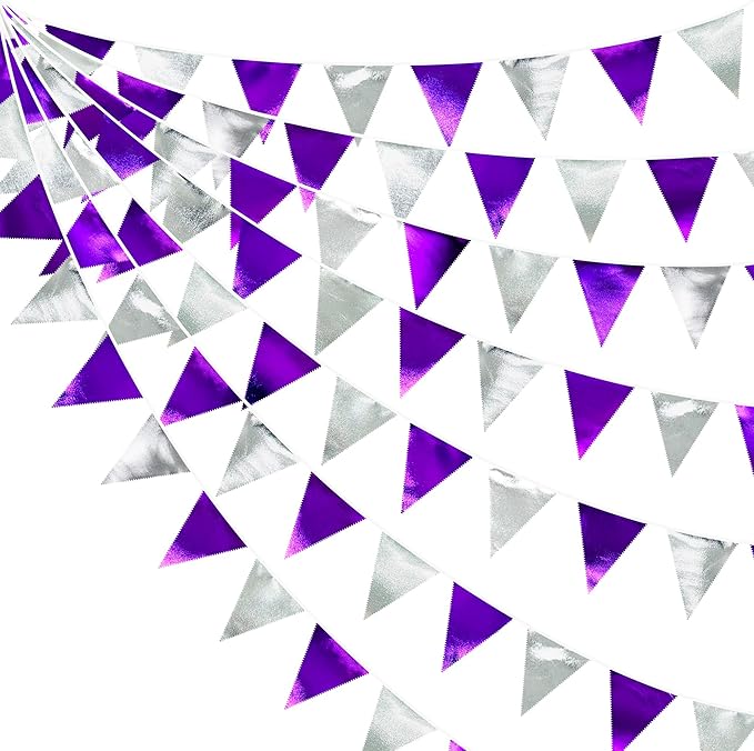 Purple and Silver Party Decorations Triangle Pennant Banner Flag Metallic Fabric Bunting Garland for Birthday Graduation Retirement Bachelorette Wedding Bridal Shower Engagement Disco Party Supplies-VerdiqueGarden