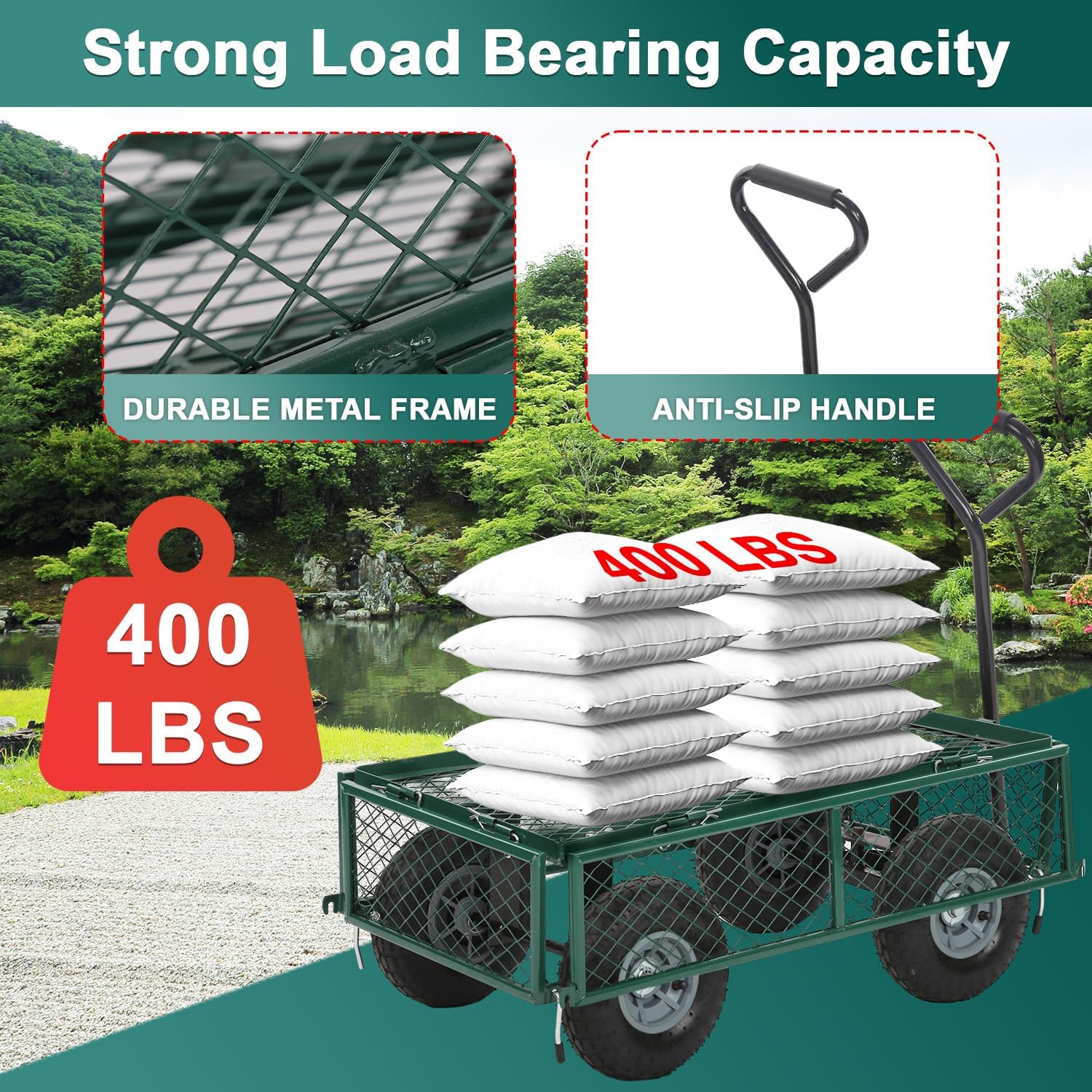 BestMassage Heavy Duty 500 Lbs Capacity Mesh Steel Garden Cart Folding Utility Wagon with Removable Sides for Beach Lawn Yard Landscape (Green)-VerdiqueGarden