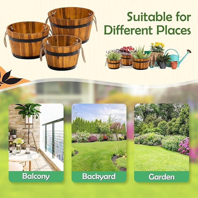 IDZO Set of 3 Wooden Flower Boxes Outdoor, Durable Acacia Wood Barrel Planters for Outdoor Plants with Ergonomic Handles, Drainage Holes, Multiple Sizes Wood Bucket Planter for Home Décor-VerdiqueGarden