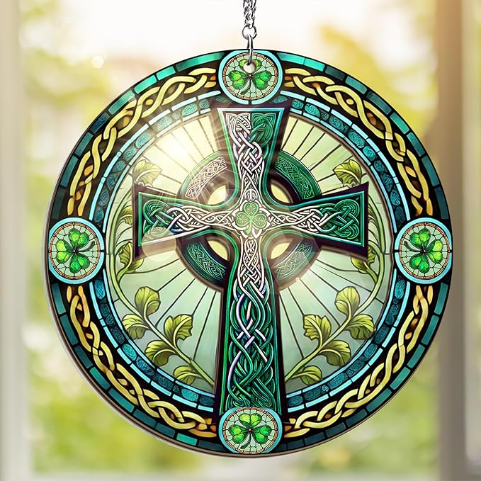 St Patricks Day Decorations - Irish Gifts for Men Women Friends Family, St Patricks Day Accessories, Celtic Cross Home Decor - Double Layered Hanging Suncatcher 12 in-VerdiqueGarden