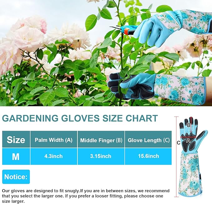DLY Gardening Gloves for Women, Rose Gloves Gardening Thorn Proof, Long Garden Gloves for Women, Breathable & Durable Leather Gauntlet(Medium, Light Blue)-VerdiqueGarden