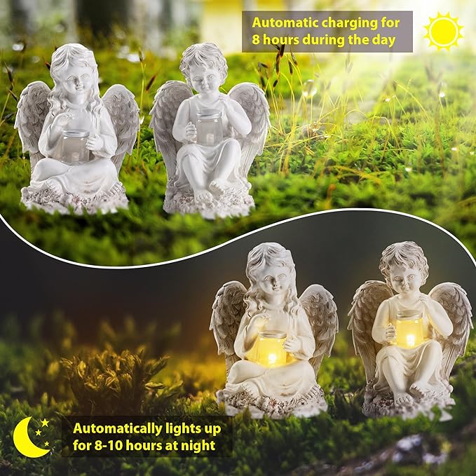 2 Pack Outdoor Angel Statue Garden Decor, Classic Solar Angel Figurine Decoration for Yard Art Indoor Porch Home Lawn Outside Light up Cherub Sculpture Guardian Wings Memorial Gifts-VerdiqueGarden