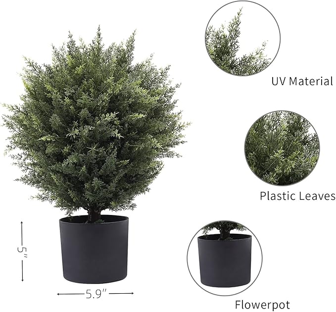 21” Artificial Cedar Outdoor Artificial Shrub Sunlight Resistant Leafy Potted Plant for Indoor Porch of Home and Office Artificial Outdoor Tree 2 Pieces a Set Topiary Trees-VerdiqueGarden