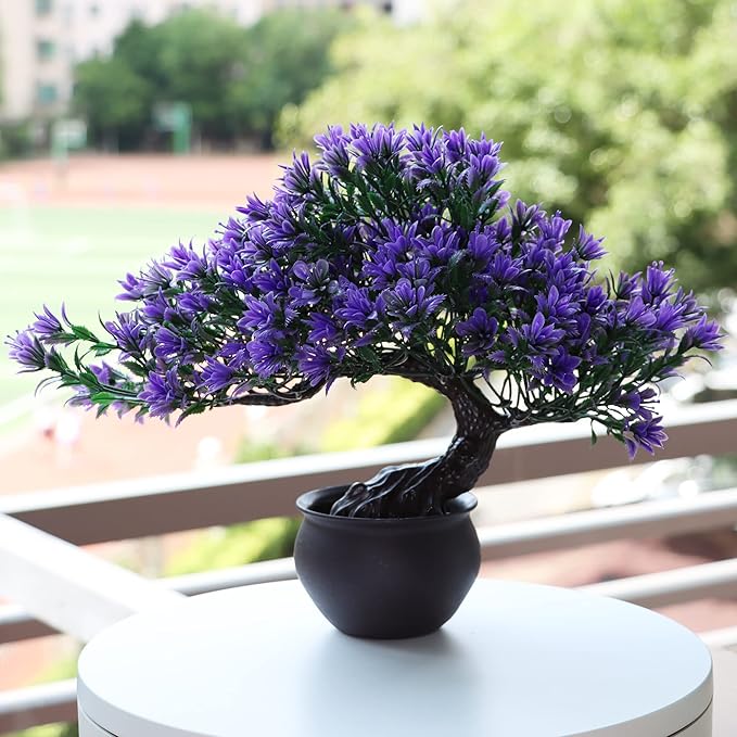Fake Plants Plastic Artificial Bonsai Tree, Purple Room Decor Bonsai Tree for Home Bedroom Farmhouse Office Desk Decor, Tall 9.5"-VerdiqueGarden