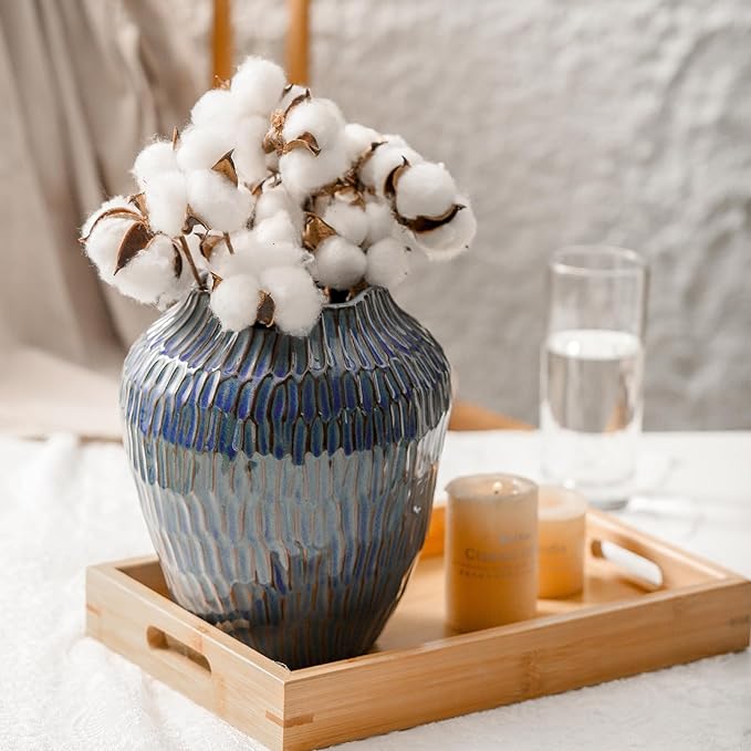 Blue Ceramic Vase for Home Decor,7.8 Inch Flower Vases，Decorative Vase for Pampas Grass，Modern Art Texture Vases for Home Entryway Living Room Dining Table Farmhouse Office Decor- Blue-VerdiqueGarden