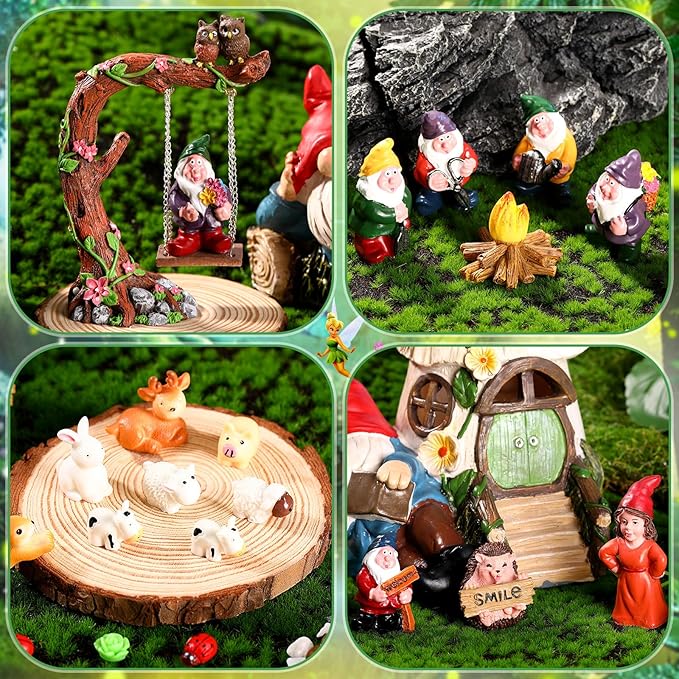HyDren 100 Sets Garden Gnome Statue Set Mushroom House Solar Light Gnome Miniatures Figures Decor Fairy Resin Statues Garden Accessories for Yard Patio Lawn Outdoor Micro Landscape Ornaments-VerdiqueGarden