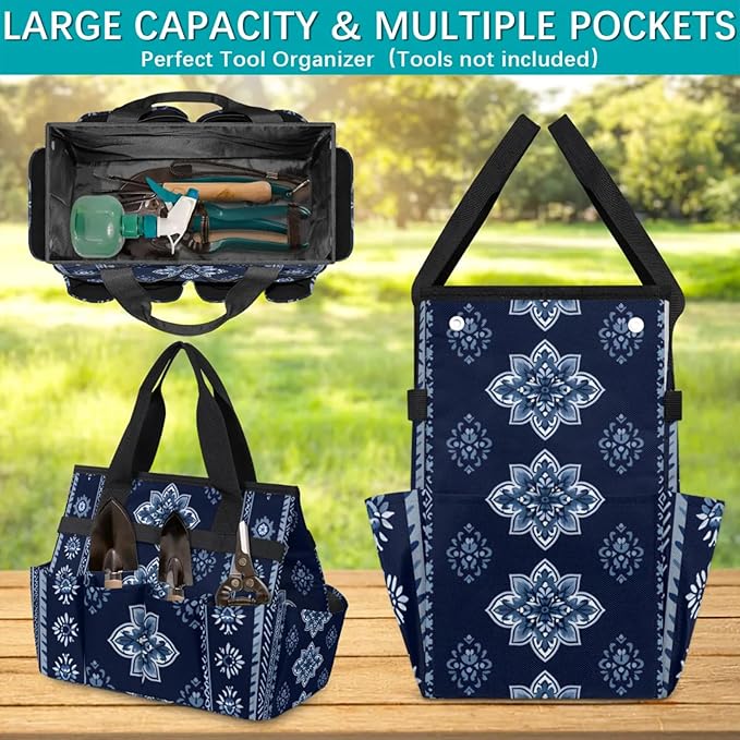 Westward Floral Gardening Tool Bag,Heavy Duty Garden Tote Bag,Portable Oxford Gardening Storage Basket Organizer Handbag with Pockets Handle,Hand Tools Gifts for Outdoor Garden Lawn Yard-VerdiqueGarden