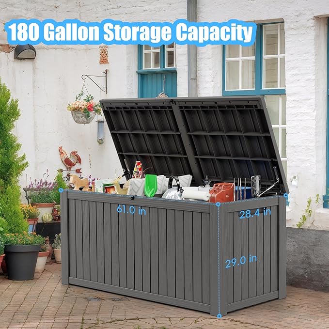 180 Gallon Deck Box,Resin Outdoor Storage Box with Lockable for Patio Furniture, Pool Accessories, Garden Tools Waterproof Outside Storage Box, Grey-VerdiqueGarden
