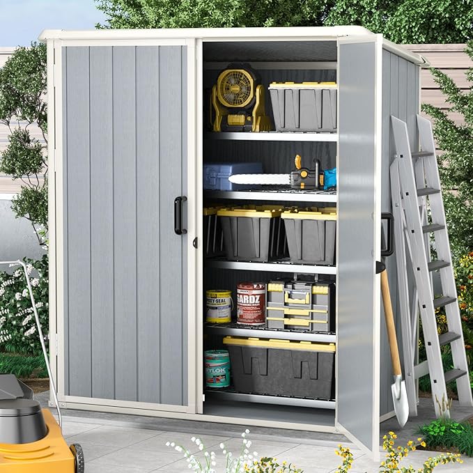 Aoxun Outdoor Storage Shed 5 x 3FT, Resin Shed with Floor and Lockable Door, Plastic Sheds for Garbage Can, Tool, Accessories, Lawn, Garden - Grey-VerdiqueGarden