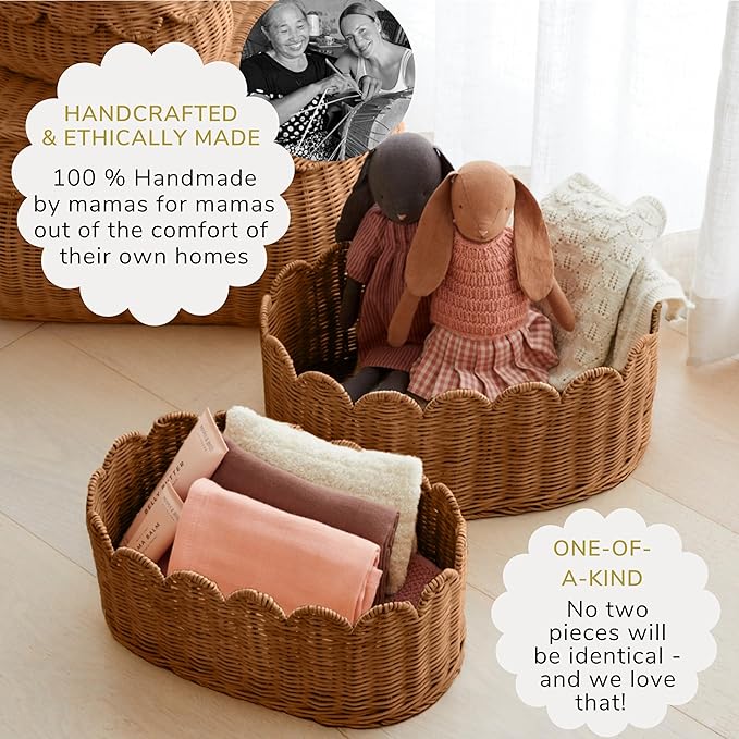 BEBE BASK Premium Scalloped Basket Set Of 2 - Scallop Basket - 16 x 10 x 7 Inch - Hand-Woven Elegant Wicker With Scalloped Edge - Nursery Storage (Mocca)-VerdiqueGarden