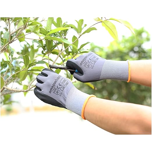 Amazon Basics Micro-Foam Nitrile Coated Work Gloves, Nylon Liner Fiber, Touch Screen, Grey, 11/XXL, 12-Pair-VerdiqueGarden